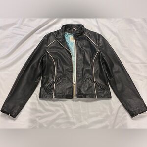 Wilson’s Leather Women's Black Jacket Full Zip w/ Collar White Piping Size Large